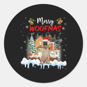 Pegatina Redonda Merry Woofmas Pastor Belga Pastor de Árbol de Navi