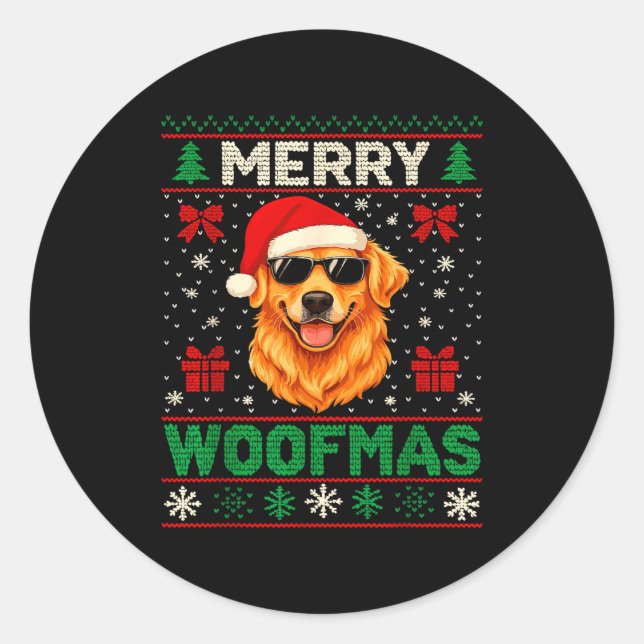 Pegatina Redonda Merry Woofmas Ugly Christmas Jumper Xmas Dog Lover (Anverso)