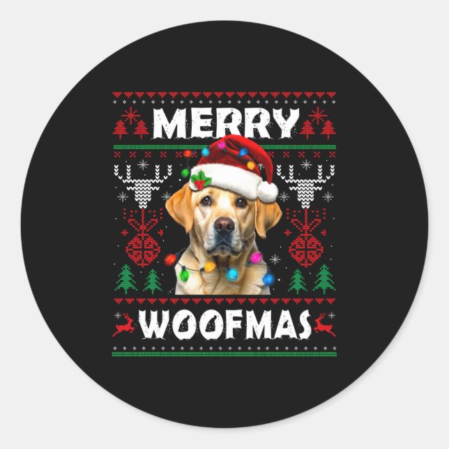Pegatina Redonda Merry Woofmas Yellow Labrador Christmas Ugly Sweat (Anverso)
