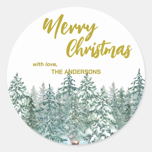 Pegatina Redonda Merry xmas tree forest Moose script Holiday (Anverso)