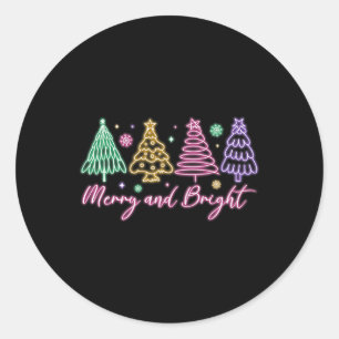 Pegatina Redonda Merry Y Bright Christmas Tree Merry Xmas Chica Wo