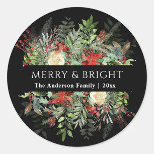 Pegatina Redonda Merry y Bright   Navidades de Noel Rustic
