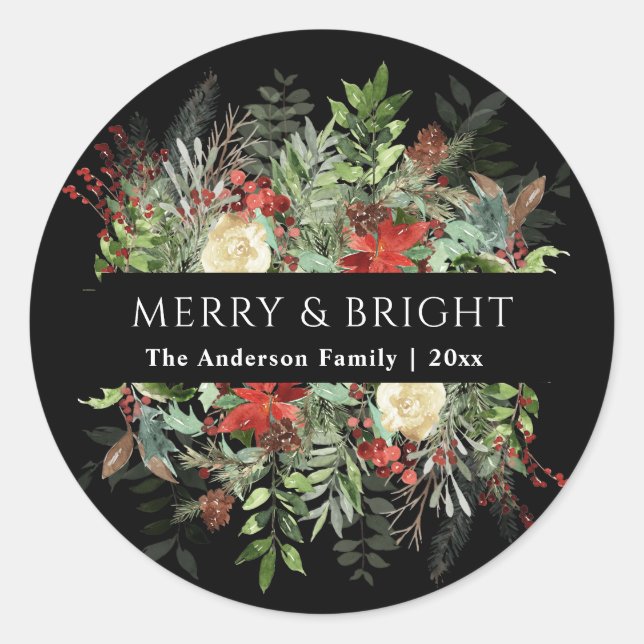 Pegatina Redonda Merry y Bright | Navidades de Noel Rustic (Anverso)
