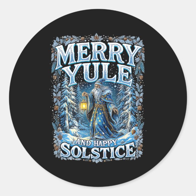 Pegatina Redonda Merry Yule And Happy Solstice Mystic Winter Quote  (Anverso)