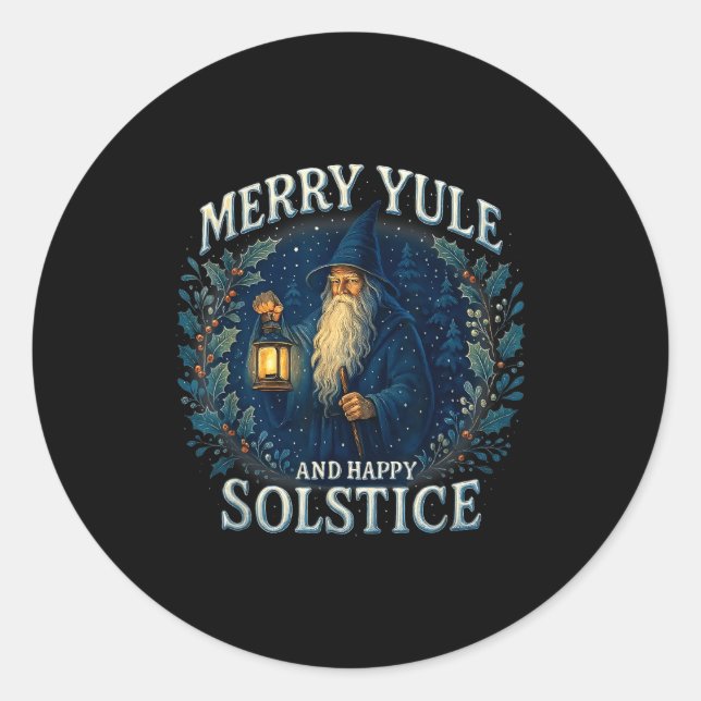 Pegatina Redonda Merry Yule And Happy Solstice Mystic Winter Quote  (Anverso)