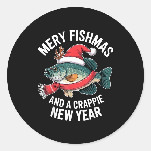 Pegatina Redonda Mery Fishmas And A Crape New Year Funny Fishing Ch (Anverso)