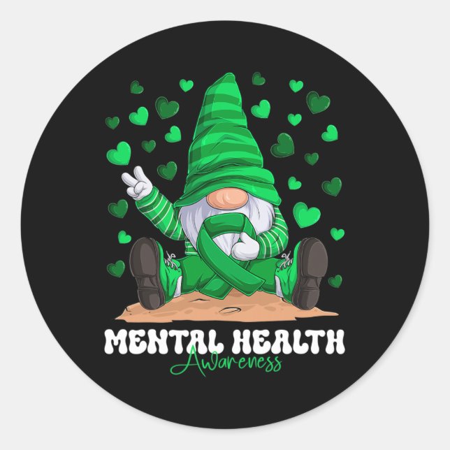 Pegatina Redonda Mes de concientización sobre la salud mental Gnome (Anverso)