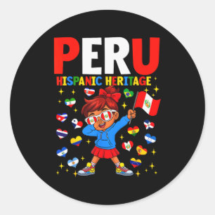 Pegatina Redonda Mes de la Herencia Hispana Bandera de Perú Niña Pe