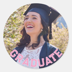 Pegatina Redonda Mesa de fiesta de graduación rosa con foto persona