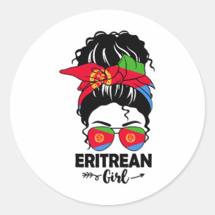 Pegatina Redonda Messy Bun Chica Eritrea Y Bandera Eritrea Gles Nda