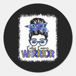 Pegatina Redonda Messy Bun Leopard Blue Ribbon Colon Cancer Warrior