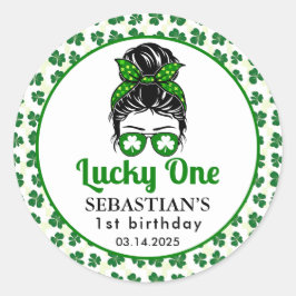 Pegatina Redonda Messy Bun Lucky One First Birthday Chica