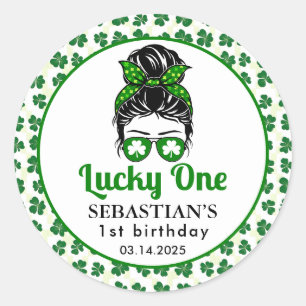 Pegatina Redonda Messy Bun Lucky One First Birthday Chica