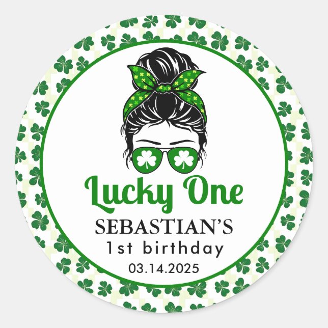 Pegatina Redonda Messy Bun Lucky One First Birthday Chica (Anverso)