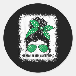 Pegatina Redonda Messy Bun Mental Health S Awareness Green Ribbon