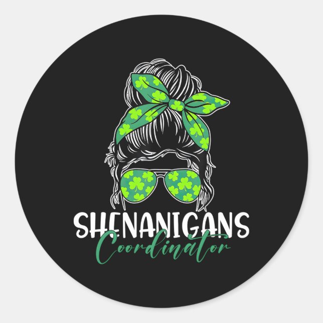 Pegatina Redonda Messy Bun Shamrock Irish P (Anverso)