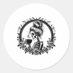 Pegatina Redonda Messy Bun Skeleton Bebe café Vintage Halloween
