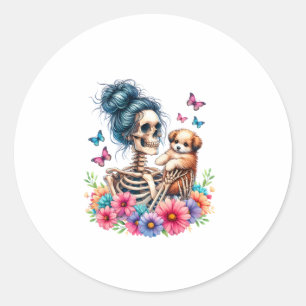 Pegatina Redonda Messy Bun Skeleton Cute cachorro Perros Amantes de