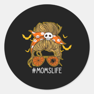 Pegatina Redonda Messy Hair Bun Mom Life aterrador Halloween