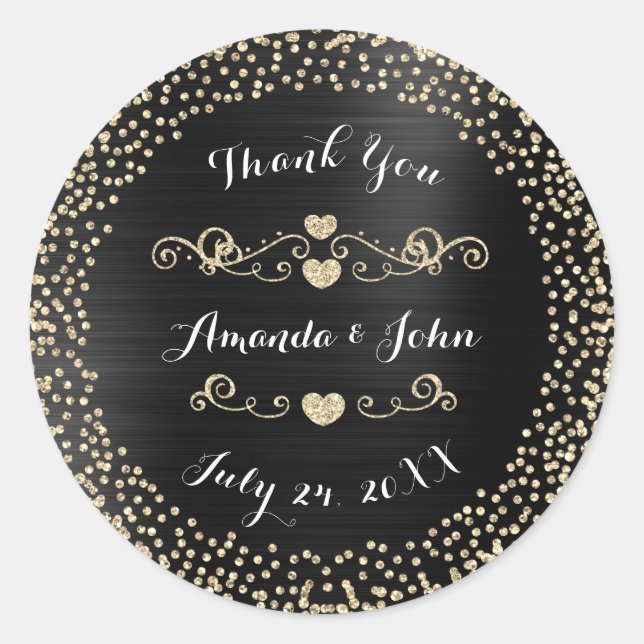 Pegatina Redonda Metalizado negro Purpurina de oro salva la fecha g (Anverso)