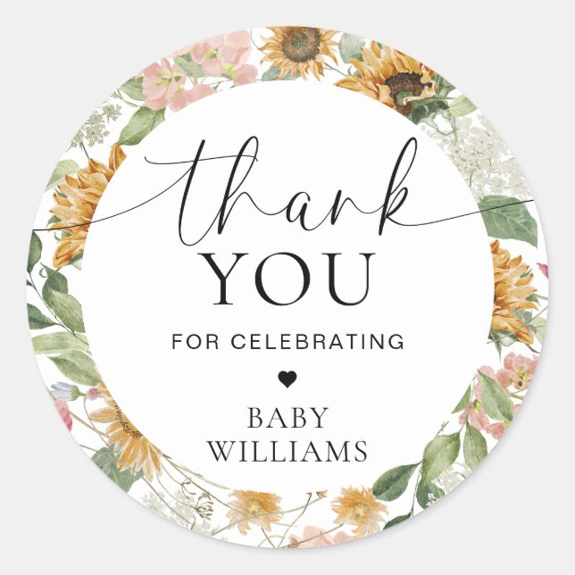 Pegatina Redonda Mews Sunflower Fall Baby Shower Gracias (Anverso)