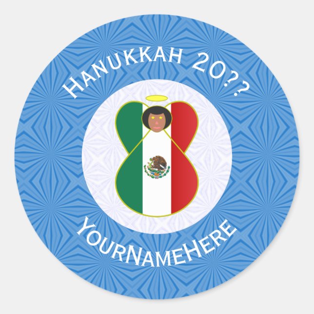 Pegatina Redonda Mexican Angel Hanukkah Flag Personalized Round (Anverso)