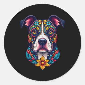 Pegatina Redonda Mexican Sugar Skull Pitbull Dog Dia De Muertos Hal
