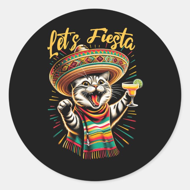 Pegatina Redonda Mexicano Lets Fiesta Sombrero Cat Cinco De Mayo Fu (Anverso)