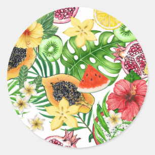 Pegatina Redonda Mezcla tropical, flores y hojas en blanco