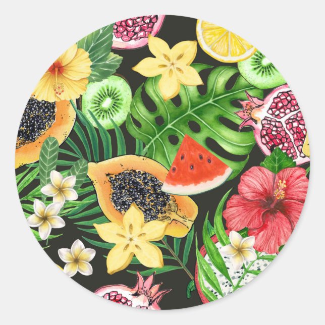 Pegatina Redonda Mezcla tropical, flores y hojas en negro (Anverso)