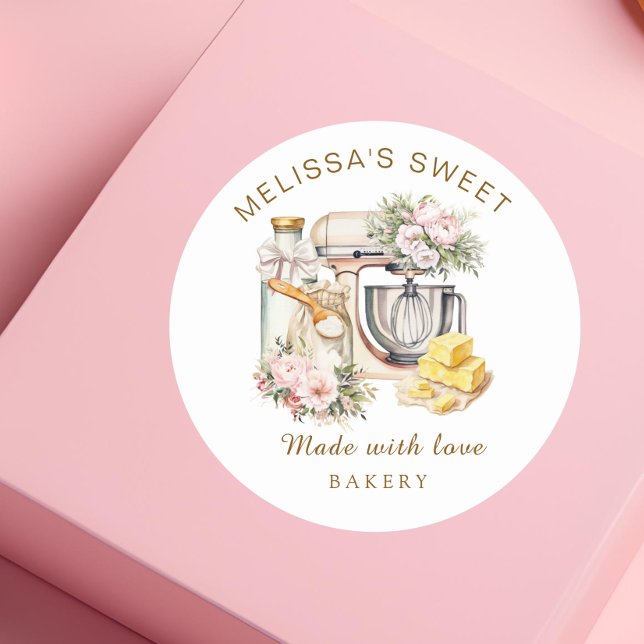 Pegatina Redonda Mezclador de pasteles de flor suave panadería (Subido por el creador)