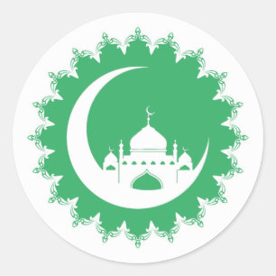 Pegatina Redonda Mezquita Blanca en Crescent Moon Ramadan
