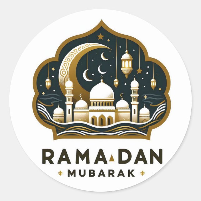 Pegatina Redonda Mezquita Ramadan Mubarak y faroles (Anverso)