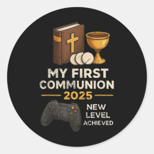 Pegatina Redonda Mi 1er Primera Comunión 2025 Videojuego Católico C