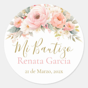 Pegatina Redonda Mi Bautizo flores rosas