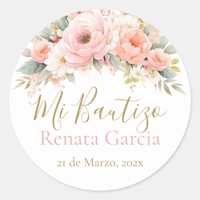 Pegatina Redonda Mi Bautizo flores rosas (Anverso)