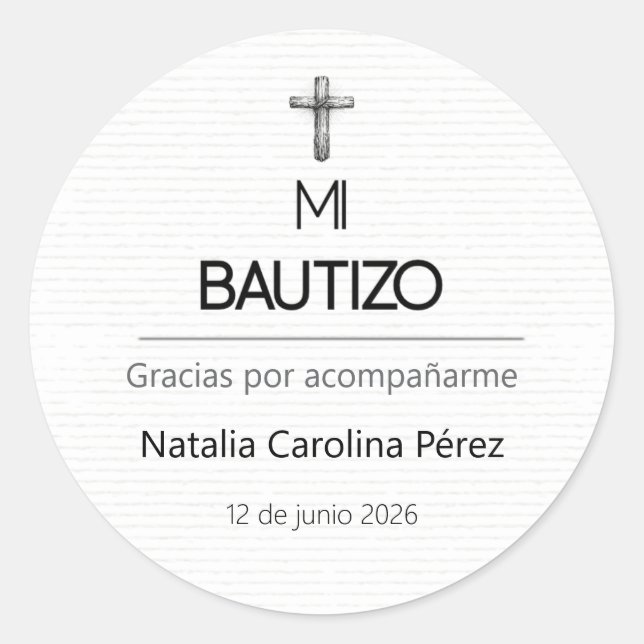 Pegatina Redonda Mi Bautizo Round Favor Sticker Label Personalizado (Anverso)