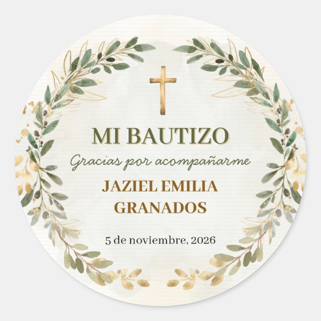 Pegatina Redonda Mi Bautizo Stickers Personalized Baptism Labels (Anverso)