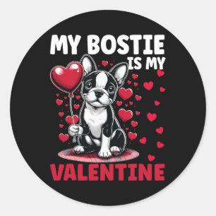 Pegatina Redonda Mi Bostie Es Mi San Valentín Perro Boston Terrier 