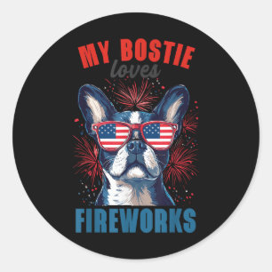 Pegatina Redonda Mi Boston Terrier Ama los Fuegos Artificiales 4 de