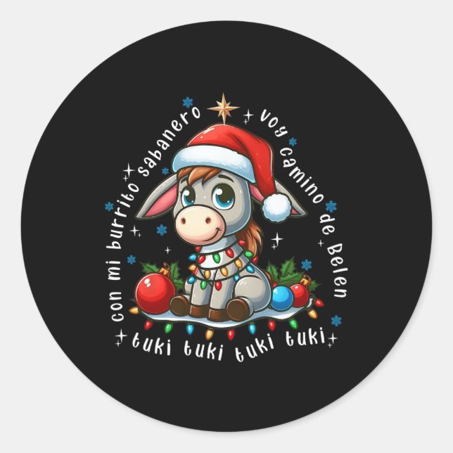 Pegatina Redonda Mi Burrito Sanero Mexican Christmas Donkey Spanish (Anverso)