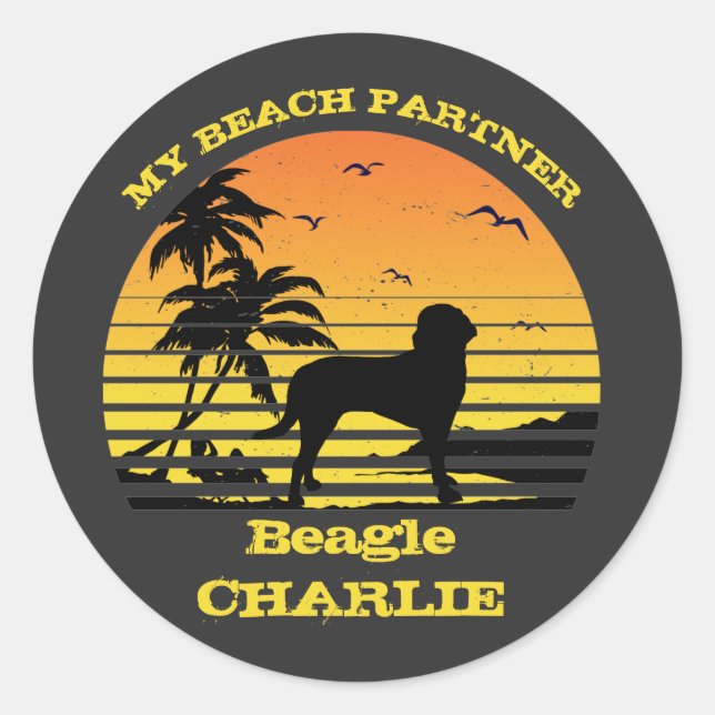 Pegatina Redonda Mi compañero de playa Sunset Palm Tree Beagle (Anverso)