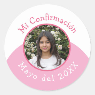 Pegatina Redonda Mi confirmación con foto y fecha