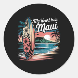 Pegatina Redonda Mi corazón está en Maui Hawaii Recuerdo de surf