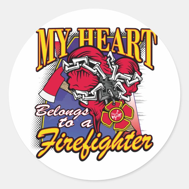 Pegatina Redonda Mi corazón pertenece a un bombero (Anverso)