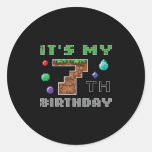Pegatina Redonda Mi cumpleaños número 7 Pixel 7 Videojuegos para ni
