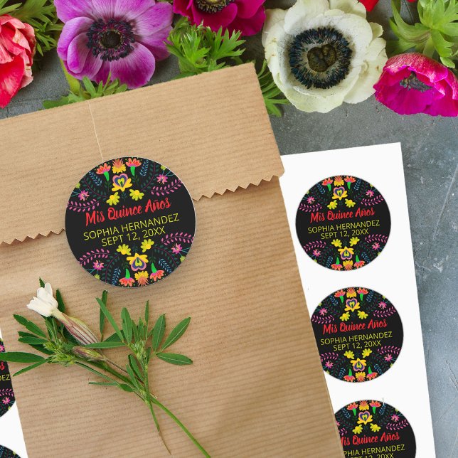 Pegatina Redonda Mi Fiesta de Fiesta Mexicana Quince Anos Black (Stickers, envelope seals, cupcake toppers .. from my Mexican Fiesta Party Quinceanera Collection )