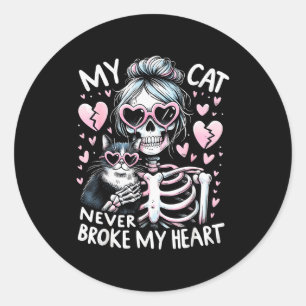 Pegatina Redonda Mi gato nunca rompió mi corazón divertido esquelet