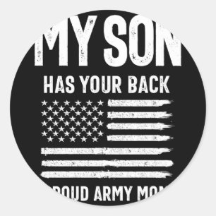 Pegatina Redonda Mi hijo te apoya orgullosa madre del ejército día