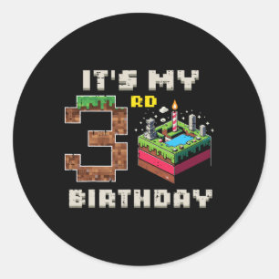 Pegatina Redonda Mi juego de píxeles de cumpleaños número 3, tarta 